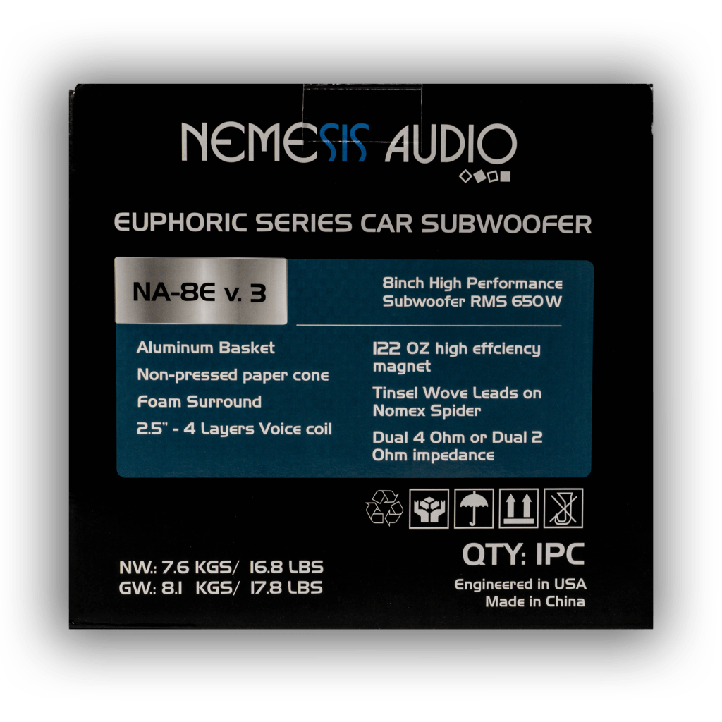 Nemesis Audio NA-8E V.3 650W RMS car subwoofer product box rear