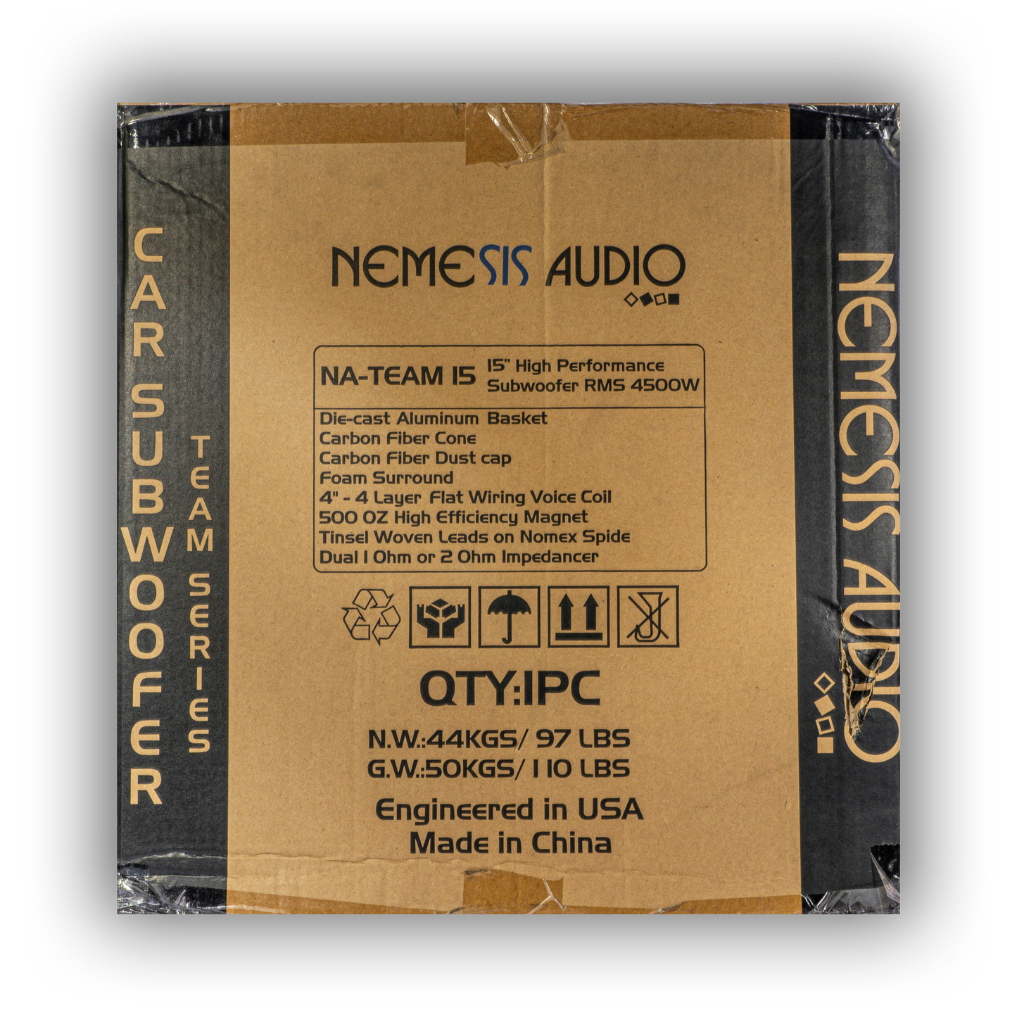 Nemesis Audio NA-TEAM-15 15-inch car subwoofer product box side