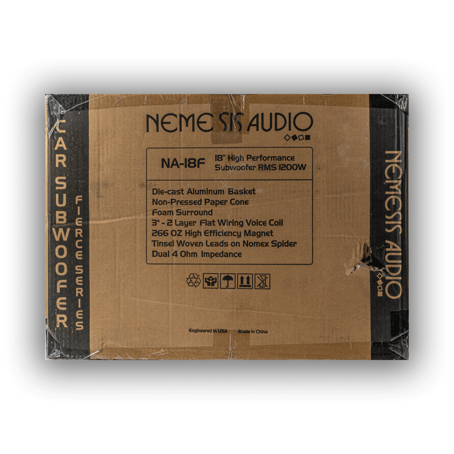 Nemesis Audio NA-18F 18 inch competition subwoofer retail box rear specs