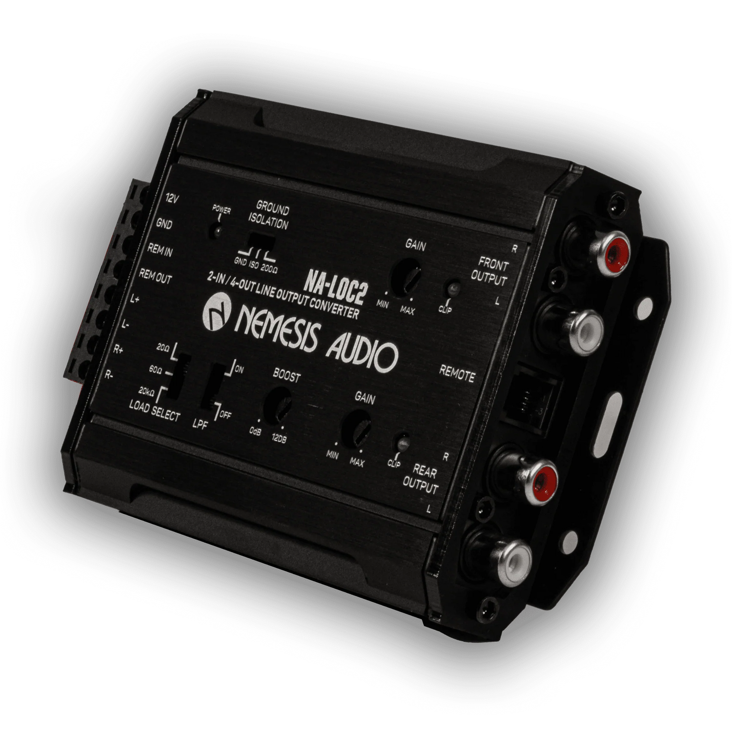 Line output converter and bass processor for factory radio upgrades