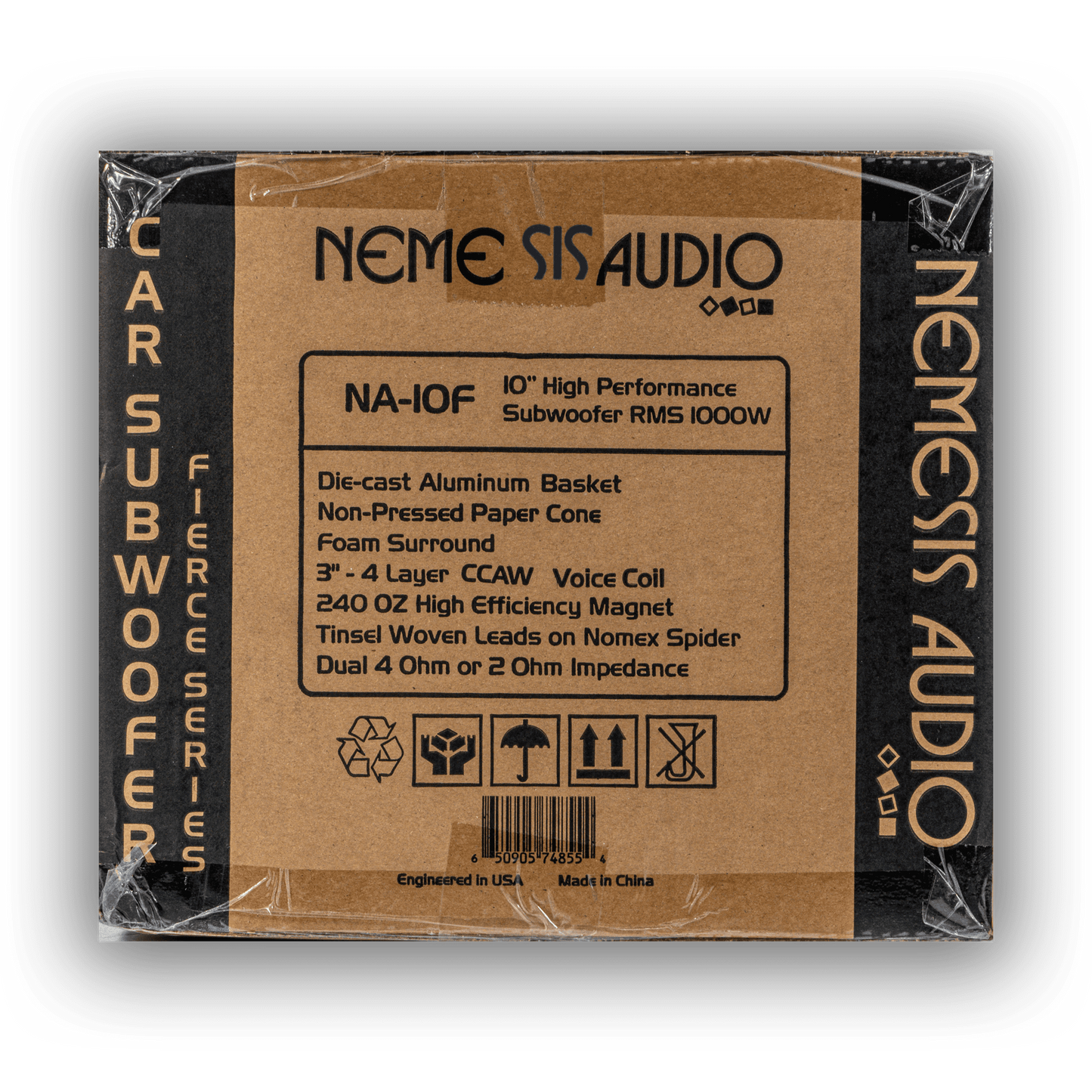 Nemesis Audio NA-10F 10 inch 1000W RMS subwoofer retail box rear specs
