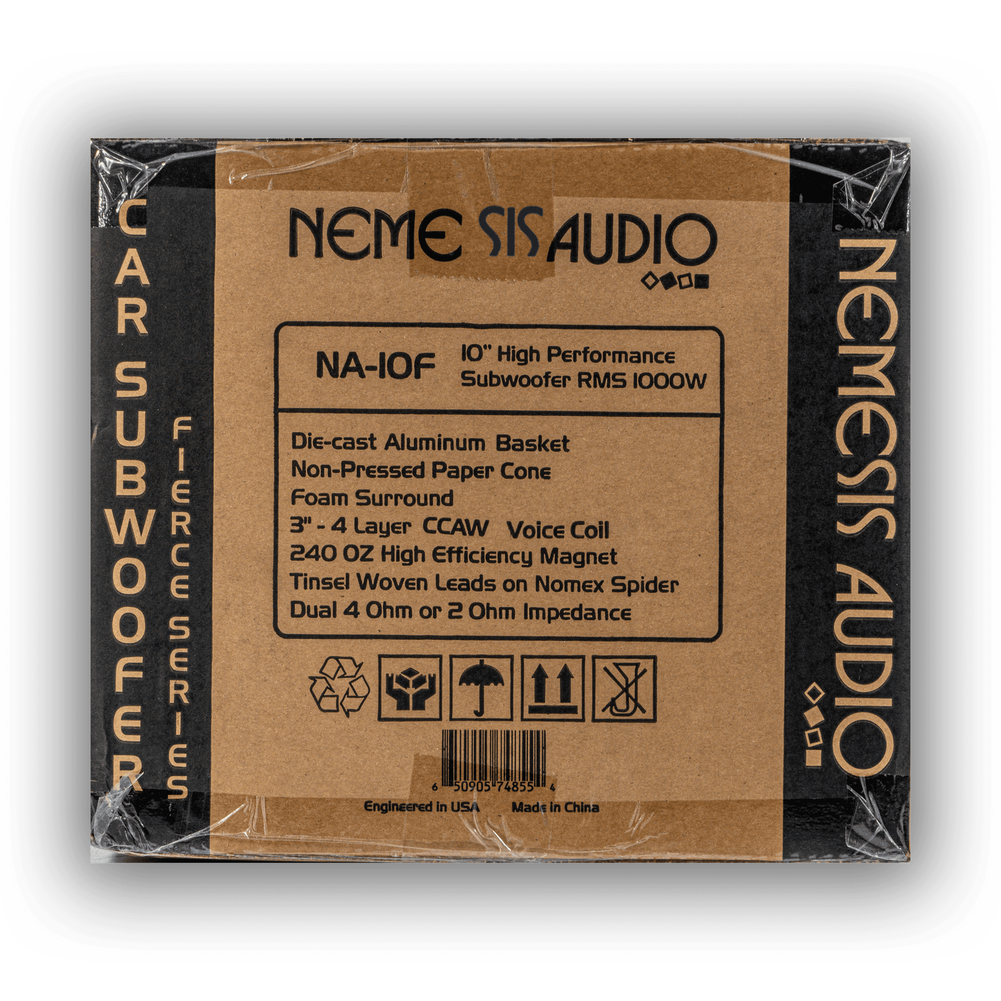 Nemesis Audio NA-10F 10 inch 1000W RMS subwoofer retail box rear specs
