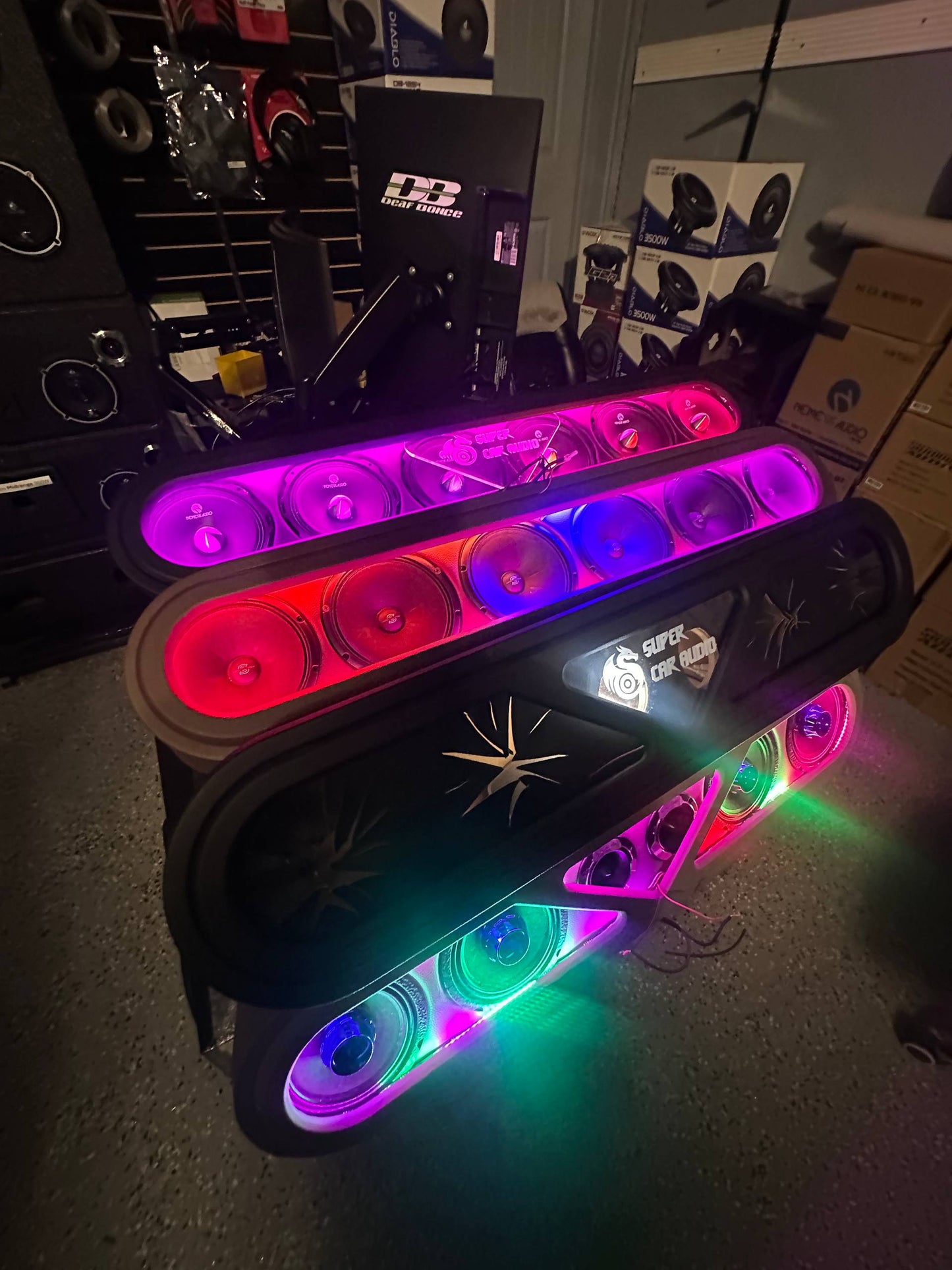 Vinyl wrapped LED headliner roof rack installed in vehicle interior