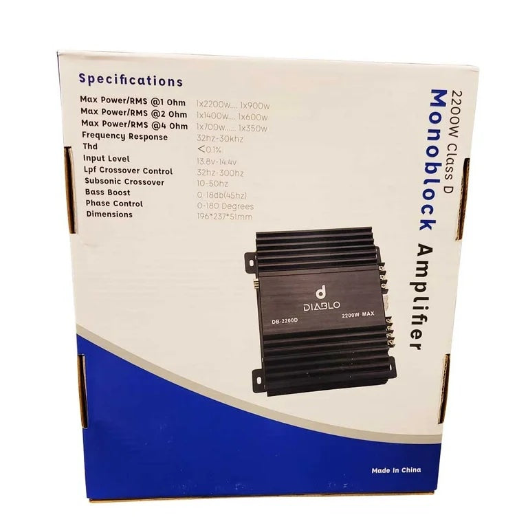 Diablo DB-2200D 1-CH Monoblock 2200W Max Class-D 1-Ohm Stable Car Amplifier image 0