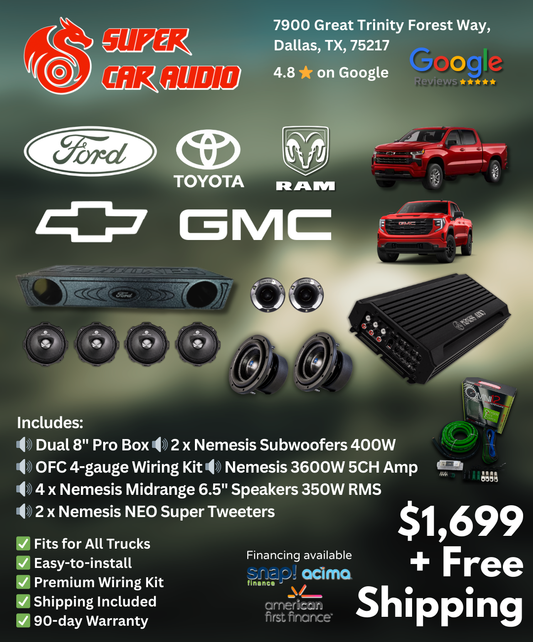 Complete Nemesis truck audio package with dual 8 subwoofers speakers tweeters and 5-channel amp