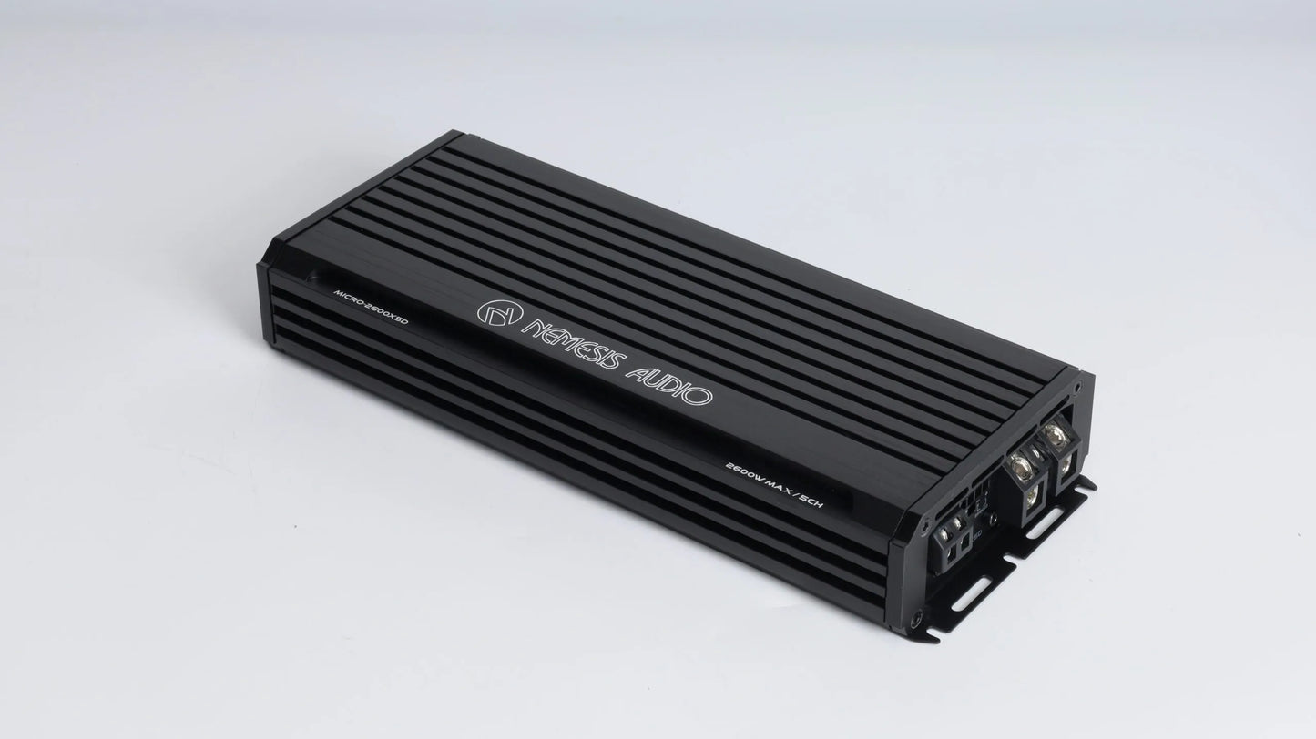 Nemesis Audio MICRO-2600X5D 1300W RMS 5-channel amplifier angled top view