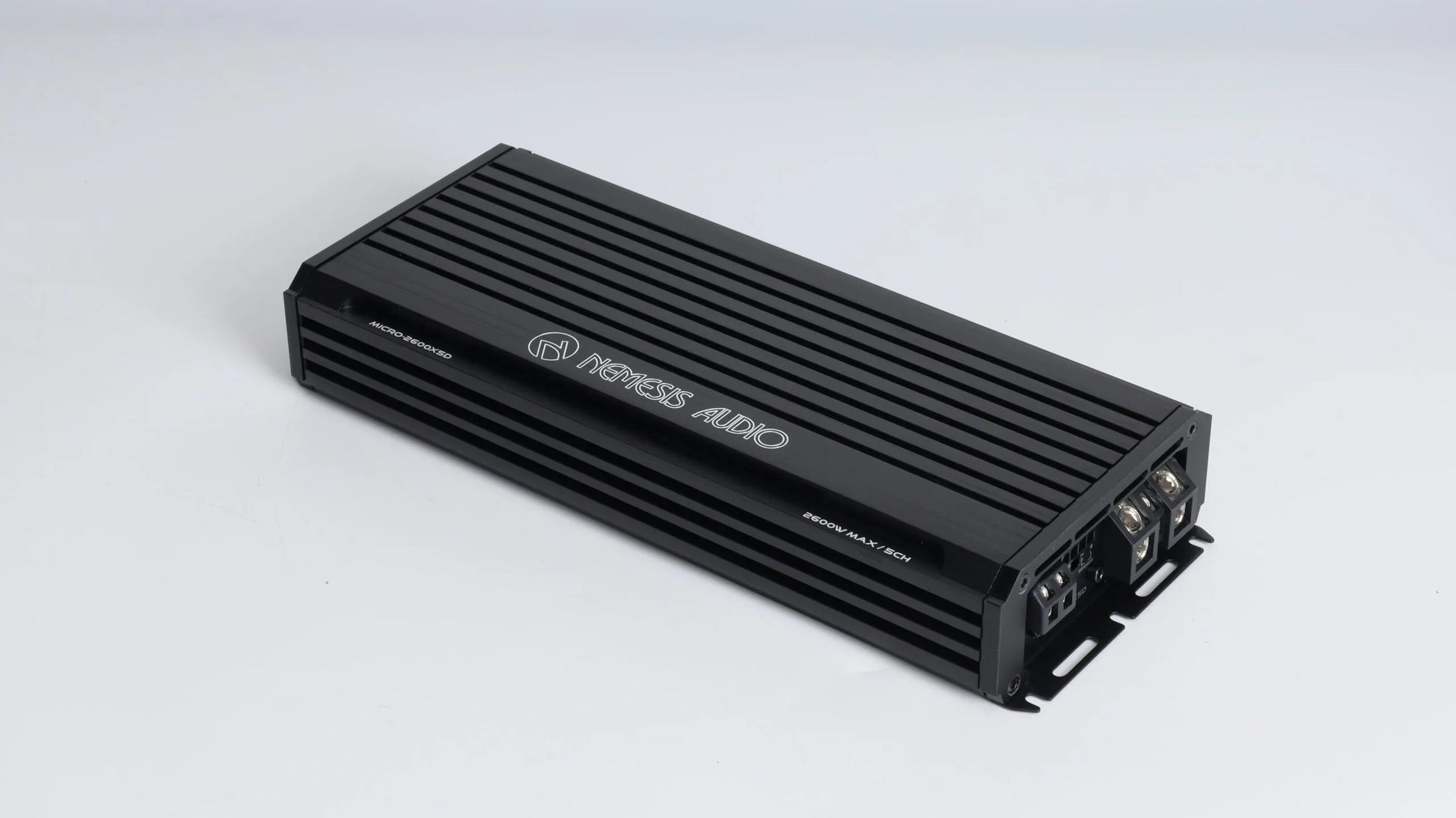 Nemesis Audio MICRO-2600X5D 1300W RMS 5-channel amplifier angled top view