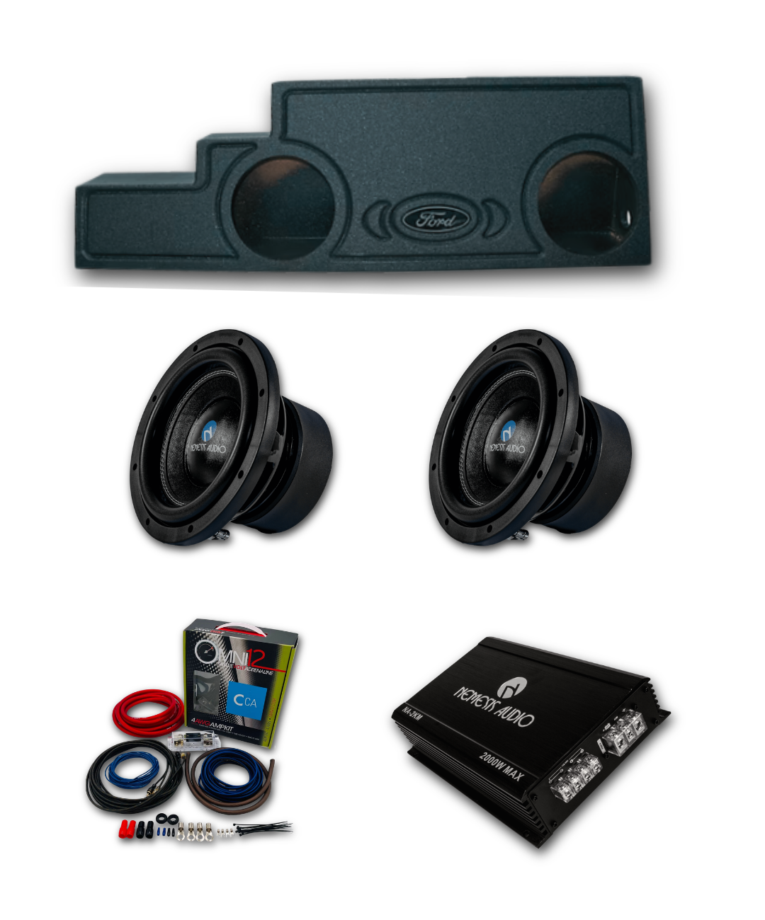 2000-2016 Ford F250 and F350 Nemesis Audio 2x8 bass package with dual 8 inch subwoofers, ported enclosure, amplifier, and wiring kit