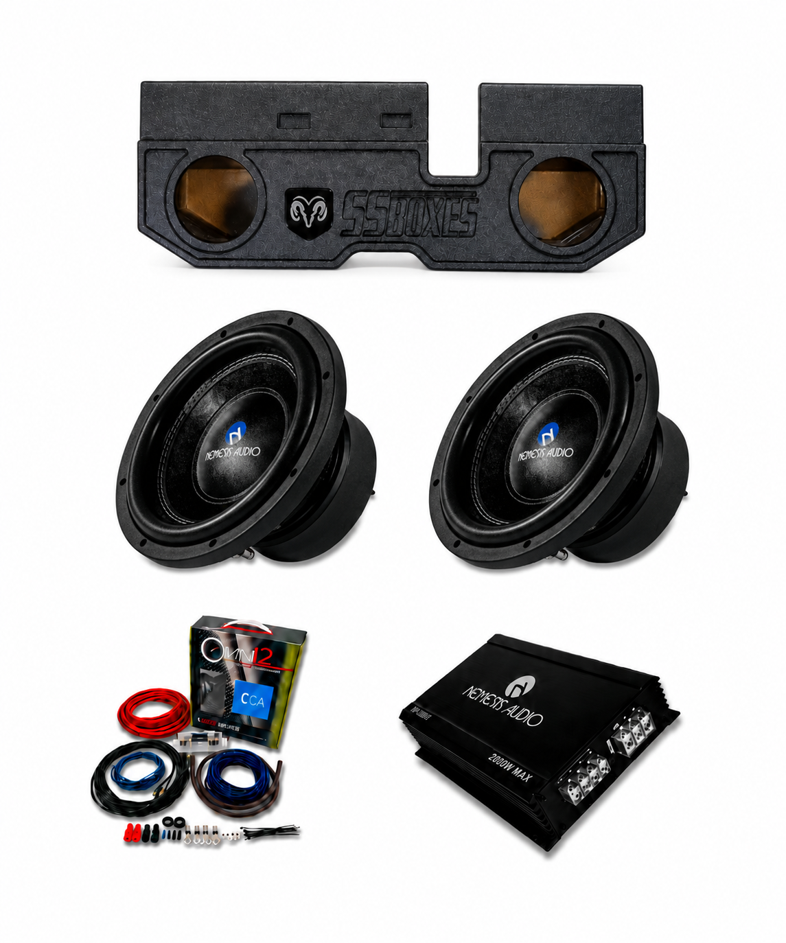 2002-2018 RAM 1500 2500 3500 and 2019-2026 RAM Classic HD Nemesis Audio 2x10 bass package with dual 10 inch subwoofers, enclosure, amplifier, wiring kit, and line output converter
