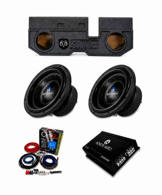 2002-2018 RAM 1500 2500 3500 and 2019-2026 RAM Classic HD Nemesis Audio 2x10 bass package with dual 10 inch subwoofers, enclosure, amplifier, wiring kit, and line output converter