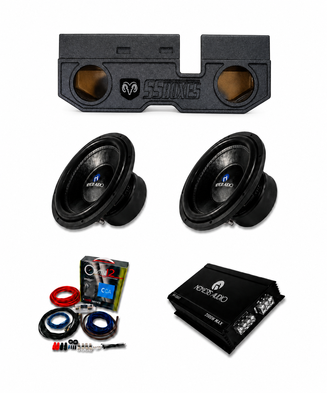 2002-2018 RAM 1500 2500 3500 and 2019-2026 RAM Classic HD Nemesis Audio 2x12 bass package with dual 12 inch subwoofers, enclosure, amplifier, and wiring kit