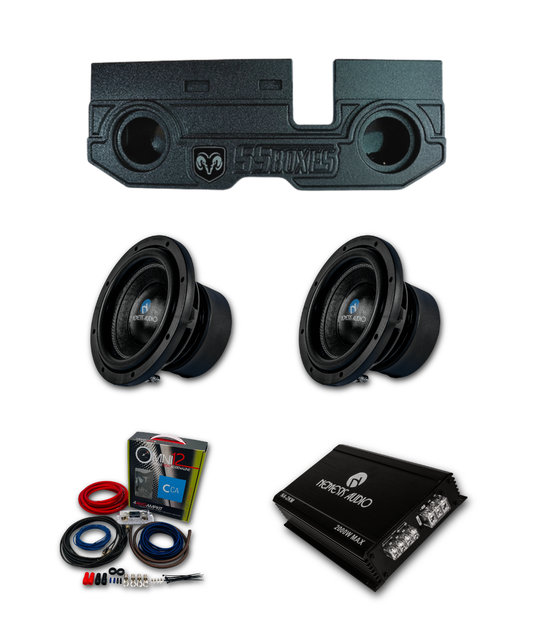 2002-2018 RAM all trims and 2019-2026 RAM 1500 Classic 2500 3500 Nemesis Audio 2x8 bass package with dual 8 inch subwoofers, enclosure, amplifier, and wiring