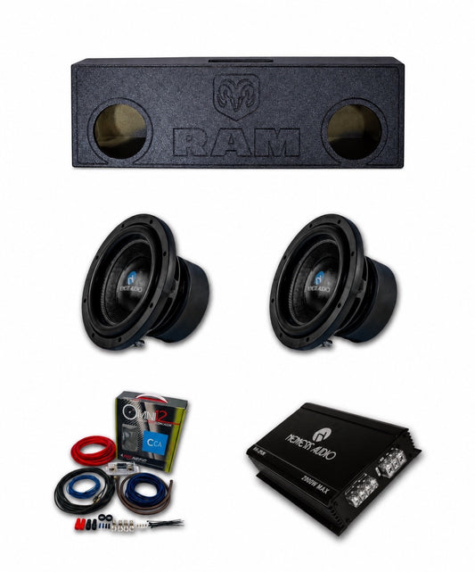 2002–2026 RAM Mega Cab 2x8 inch Nemesis Audio bass package with two 8 inch subwoofers, RAM subwoofer enclosure, NA-2KM amplifier, and 4AWG CCA Omni12 wiring kit