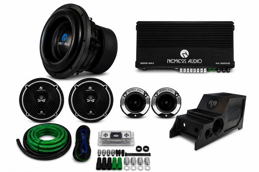 2006 to 2012 Dodge Ram center console Nemesis Audio package with subwoofer amplifiers speakers tweeters and OFC wiring kit
