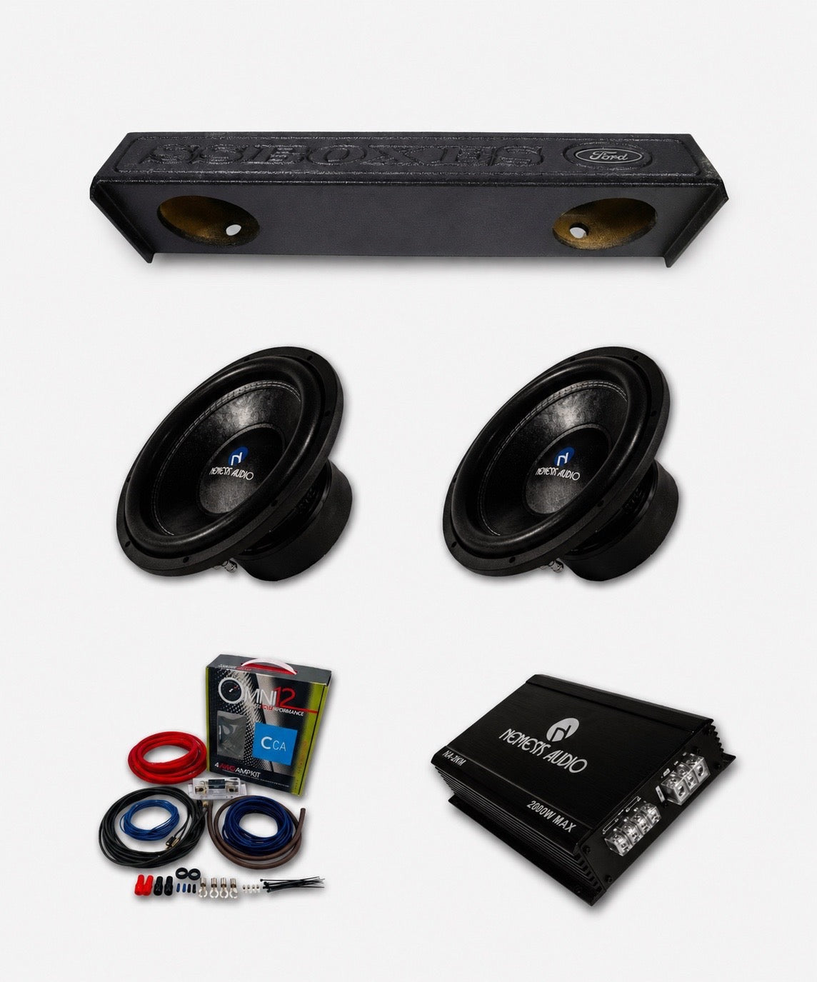 2009-2026 Ford F150 SuperCrew and SuperCab Nemesis Audio 2x12 bass package with dual 12 inch subwoofers, ported enclosure, amplifier, and wiring kit