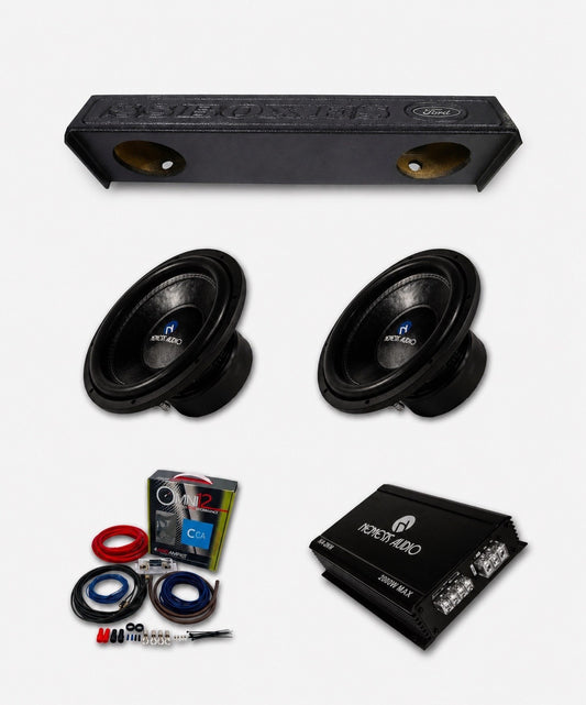2009-2026 Ford F150 SuperCrew and SuperCab Nemesis Audio 2x12 bass package with dual 12 inch subwoofers, ported enclosure, amplifier, and wiring kit