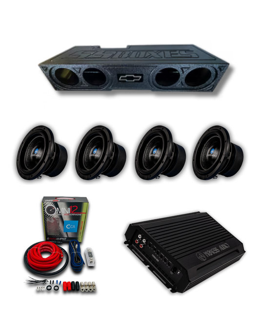 2014-2018 Chevy Silverado Crew Cab 4x8 quad 8-inch bass package with four 8s, Nemesis subwoofers, FIERCE amp, and wiring kit