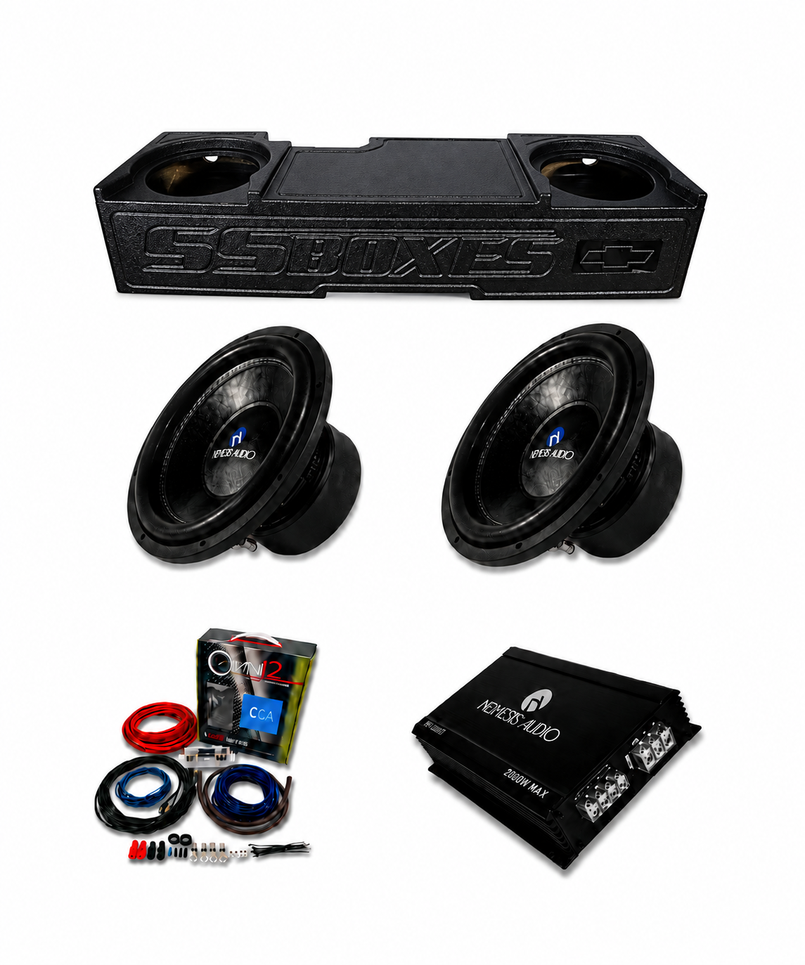 2014-2018 Chevy Silverado 1500 Crew Cab Nemesis Audio 2x12 bass package with dual 12 inch subwoofers, SSBOXES enclosure, amplifier, and wiring kit