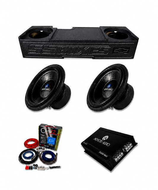 2014-2018 Chevy Silverado 1500 Crew Cab Nemesis Audio 2x12 bass package with dual 12 inch subwoofers, SSBOXES enclosure, amplifier, and wiring kit