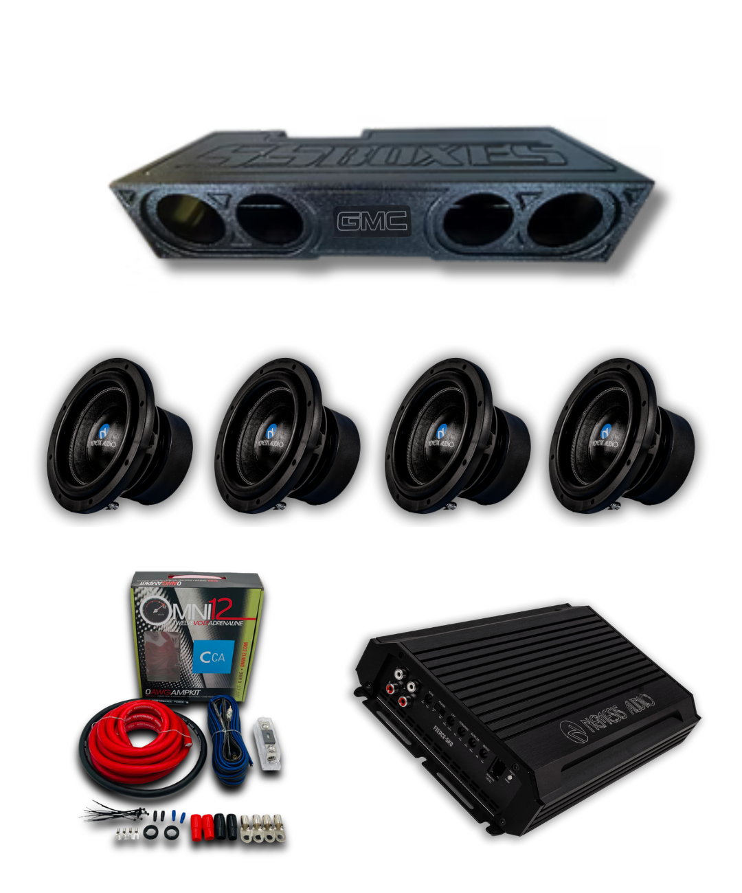 2014-2018 GMC Sierra Crew Cab 1500 2500 3500 Nemesis Audio 4x8 bass package with four 8 inch subwoofers, ported enclosure, FIERCE amplifier, and wiring kit
