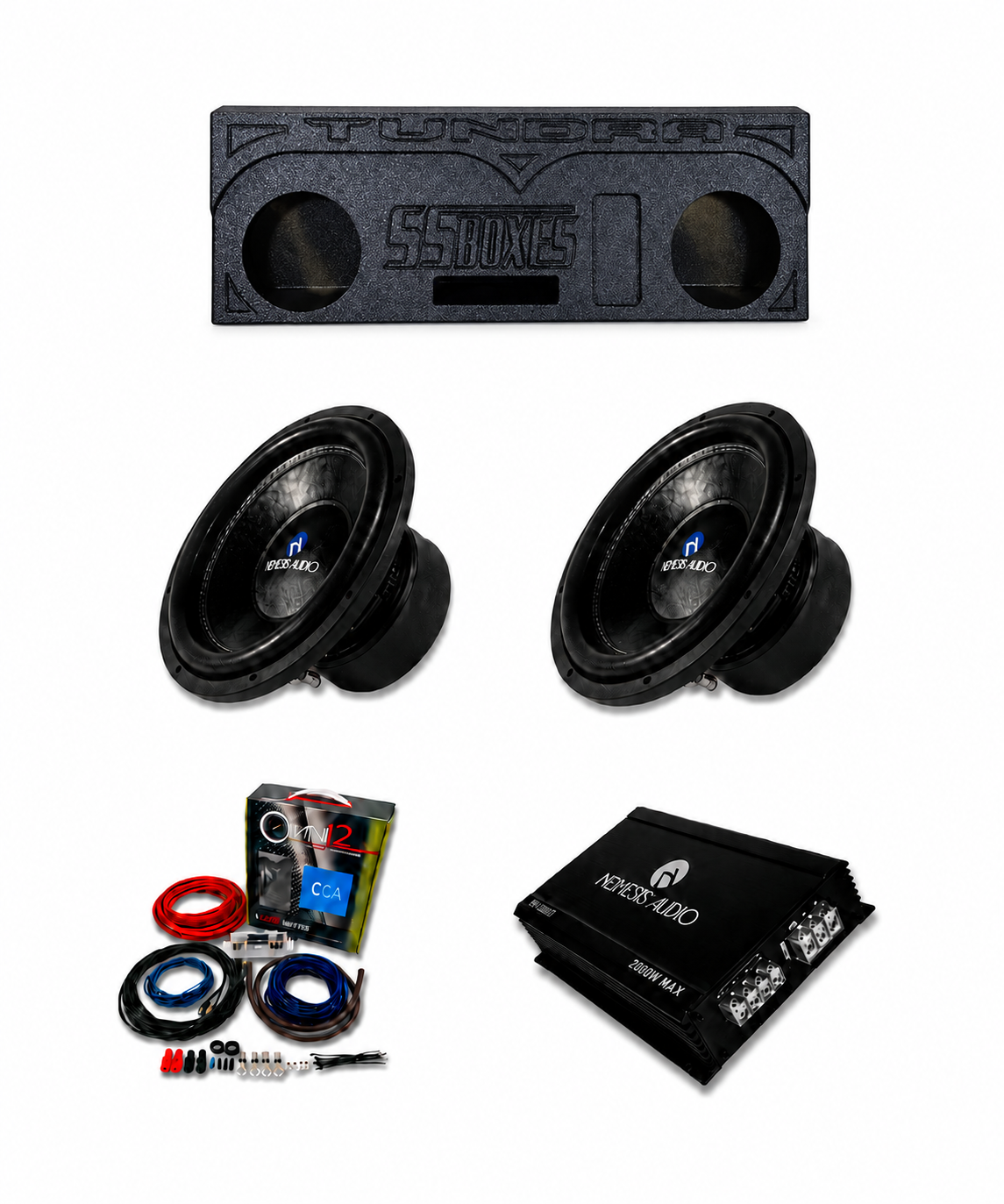 2014-2022 Toyota Tundra CrewMax Nemesis Audio 2x12 bass package with dual 12 inch subwoofers, SSBOXES enclosure, amplifier, and wiring kit
