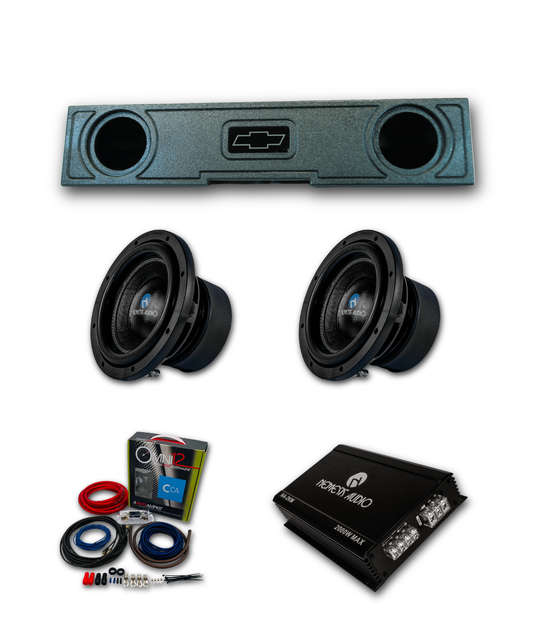 2019-2026 Chevrolet Silverado 1500 2500 3500 Crew Cab Nemesis Audio 2x8 bass package with dual 8 inch subwoofers, ported enclosure, amplifier, and wiring kit