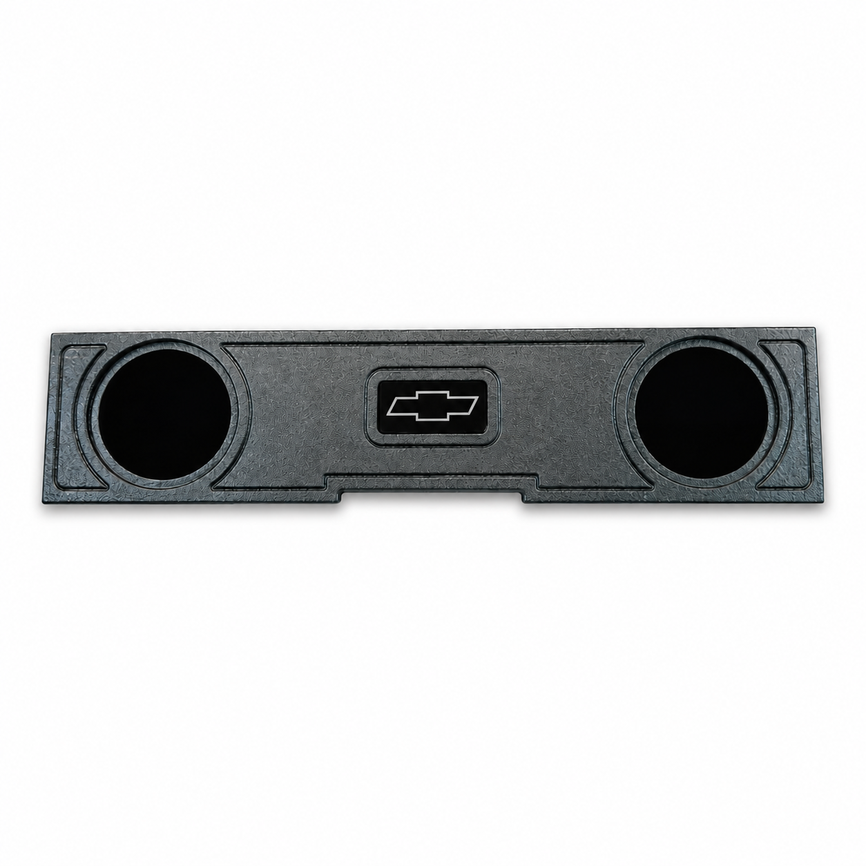 2019-2026 Chevrolet Silverado 2x10 center console subwoofer box with Chevy bowtie logo on white background