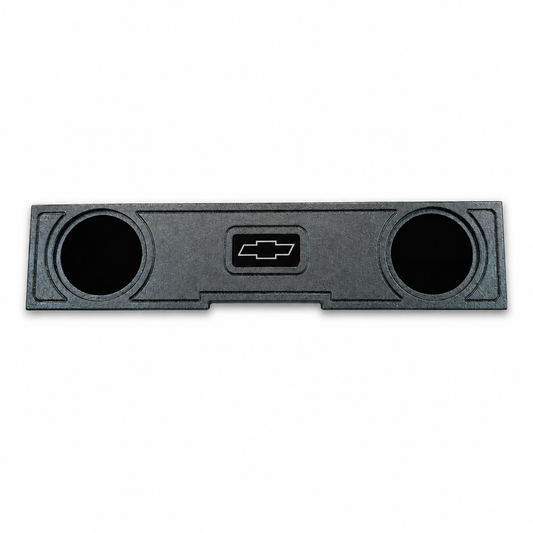 2019-2026 Chevrolet Silverado 2x10 center console subwoofer box with Chevy bowtie logo on white background