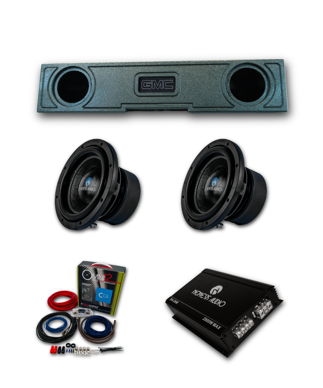 2019-2026 GMC Sierra 1500 2500 3500 Crew Cab Denali and AT4 Nemesis Audio 2x8 bass package with dual 8 inch subwoofers, ported enclosure, amplifier, and wiring kit