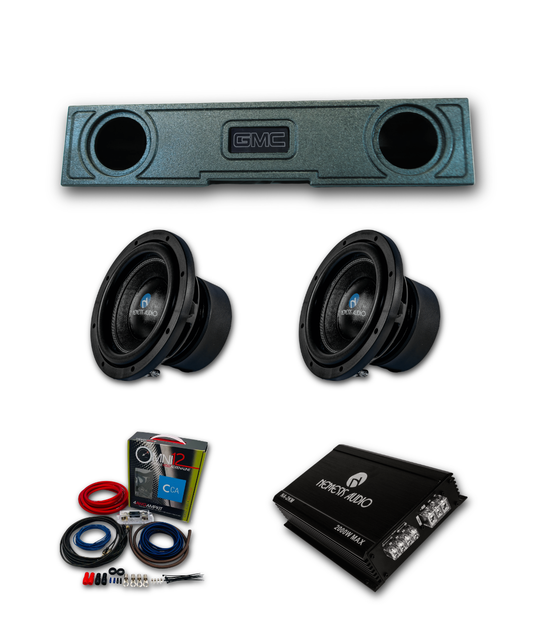 2019-2026 GMC Sierra 1500 2500 3500 Crew Cab Denali and AT4 Nemesis Audio 2x8 bass package with dual 8 inch subwoofers, ported enclosure, amplifier, and wiring kit