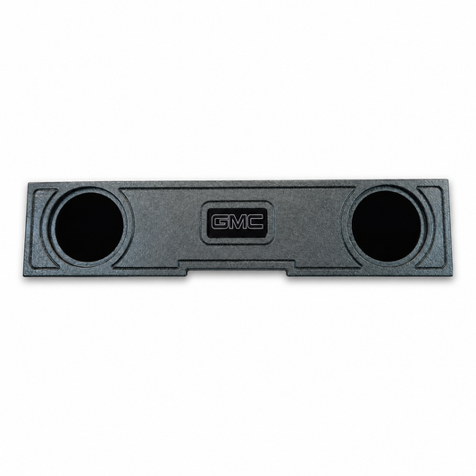 2019-2026 GMC Sierra 2x10 center console subwoofer box with GMC logo on white background