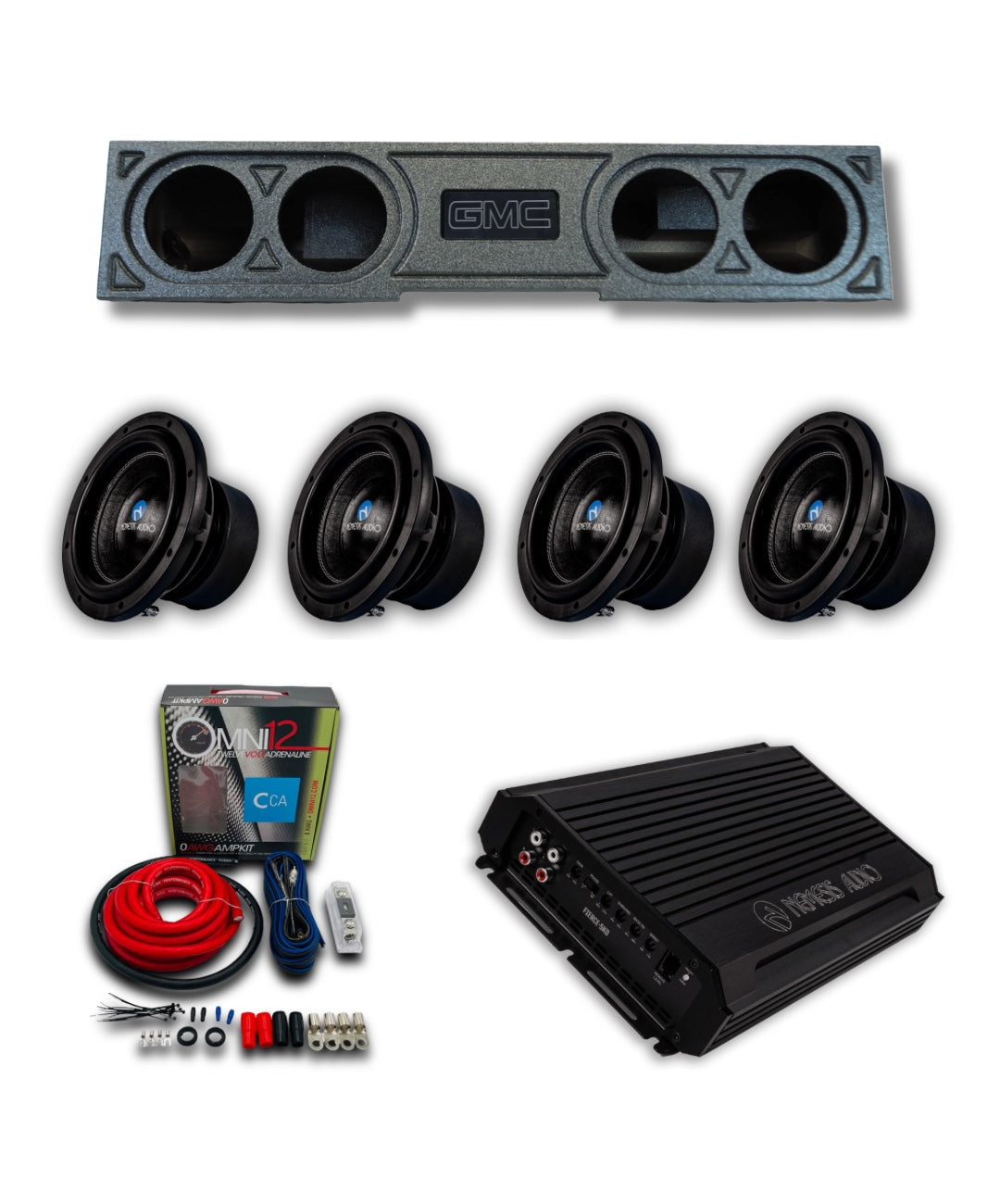 2019–2026 GMC Sierra Crew Cab Quad 8 inch Nemesis Audio bass package with subwoofer enclosure, four 8 inch subwoofers, amplifier, and wiring kit