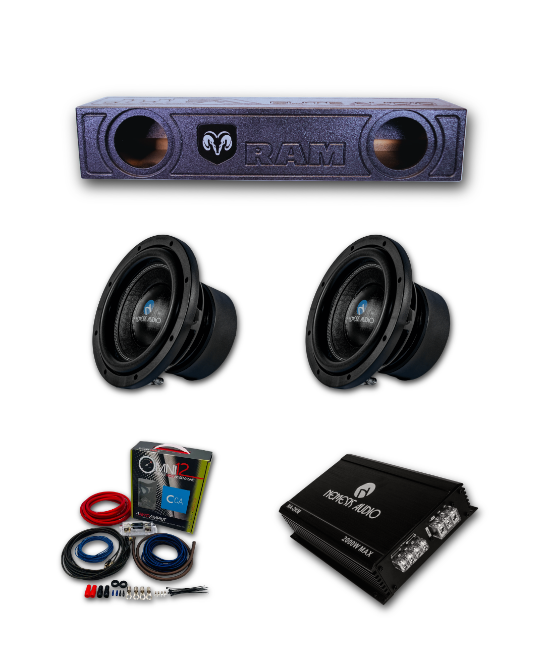 2019-2026 RAM 1500 Crew Cab Nemesis Audio 2x8 bass package with dual 8 inch subwoofers, ported enclosure, amplifier, and wiring kit