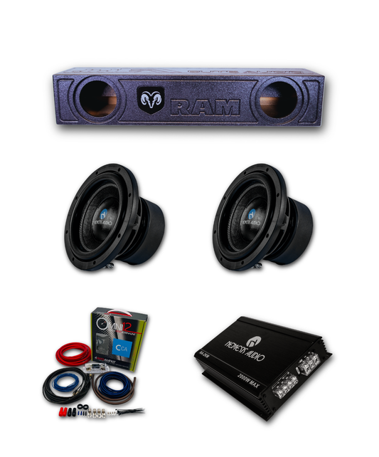 2019-2026 RAM 1500 Crew Cab Nemesis Audio 2x8 bass package with dual 8 inch subwoofers, ported enclosure, amplifier, and wiring kit