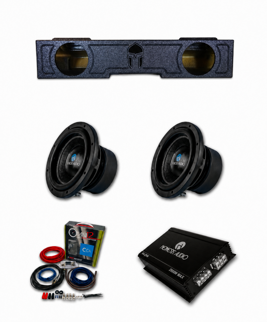 2020-2026 Jeep Gladiator Nemesis Audio 2x8 bass package with dual 8 inch subwoofers, ported enclosure, amplifier, and wiring kit
