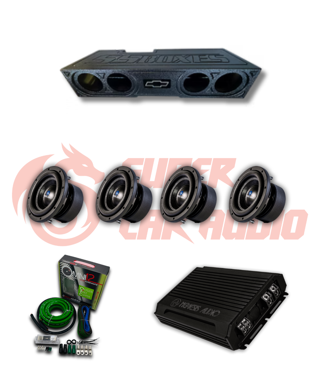 Nemesis universal 4x8 quad 8 truck bass package with four 8 inch subwoofers amplifier enclosure and wiring