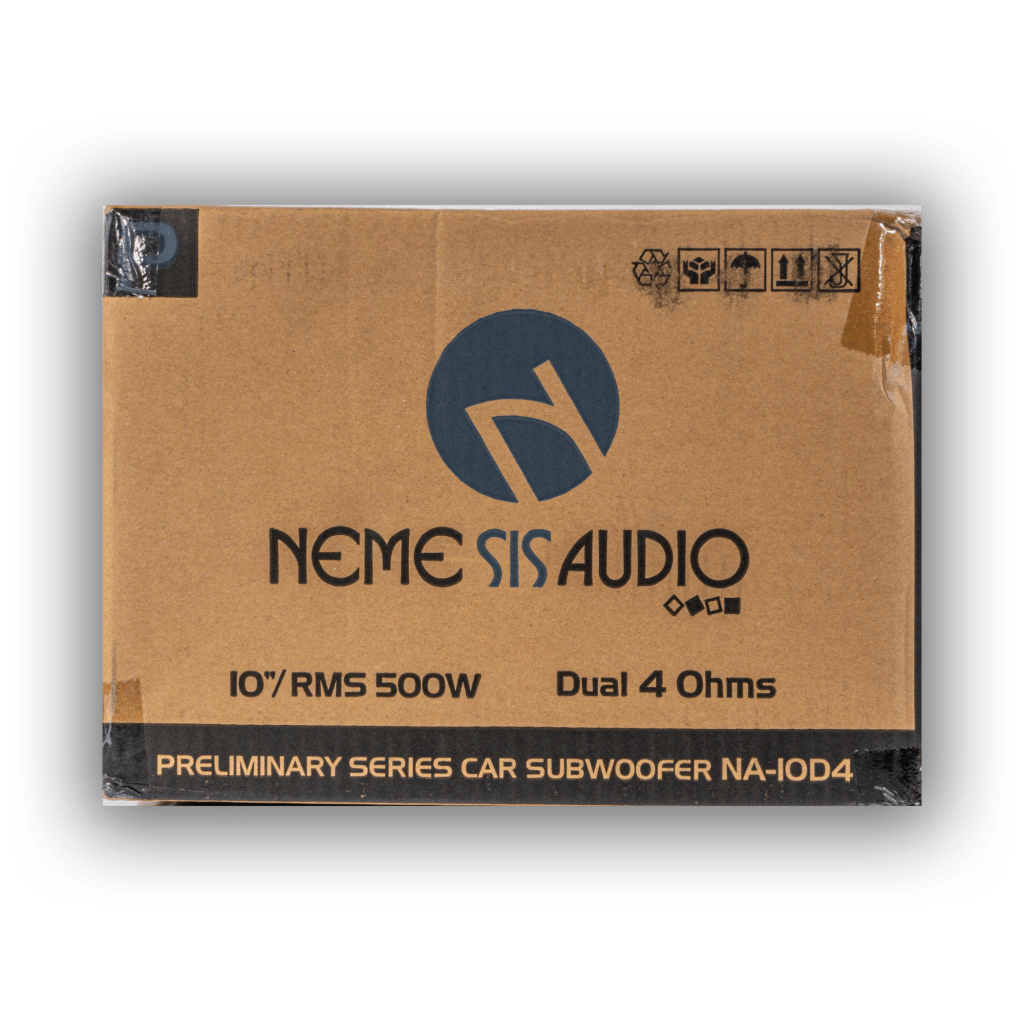 Nemesis Audio NA-10D4 10 inch subwoofer retail box front for RAM 2x10 bass package