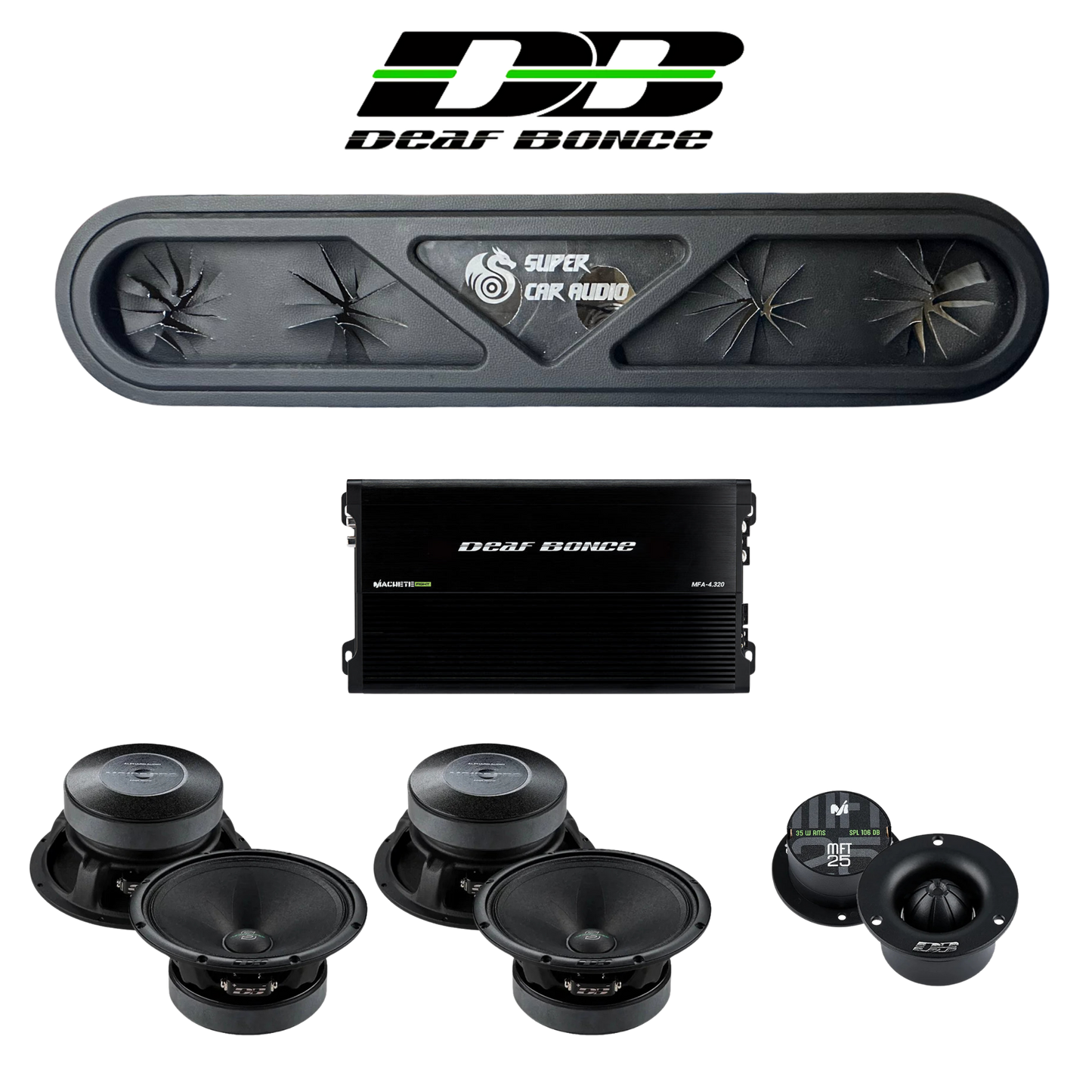 Deaf Bonce powered LED headliner voice rack with PRO midranges tweeters and amplifier