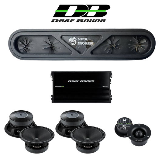 Deaf Bonce powered LED headliner voice rack with PRO midranges tweeters and amplifier
