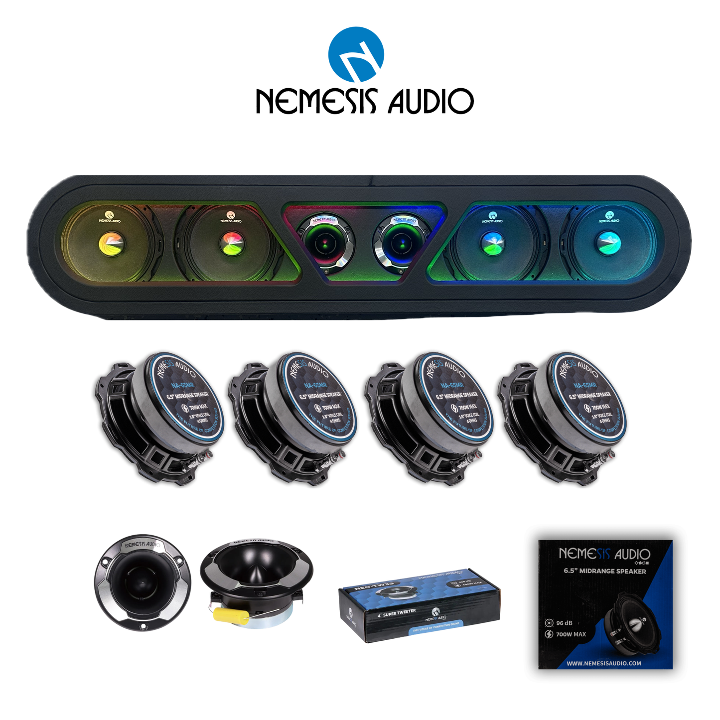 Nemesis Audio LED headliner voice package with 4 NA-65MR speakers and 2 tweeters
