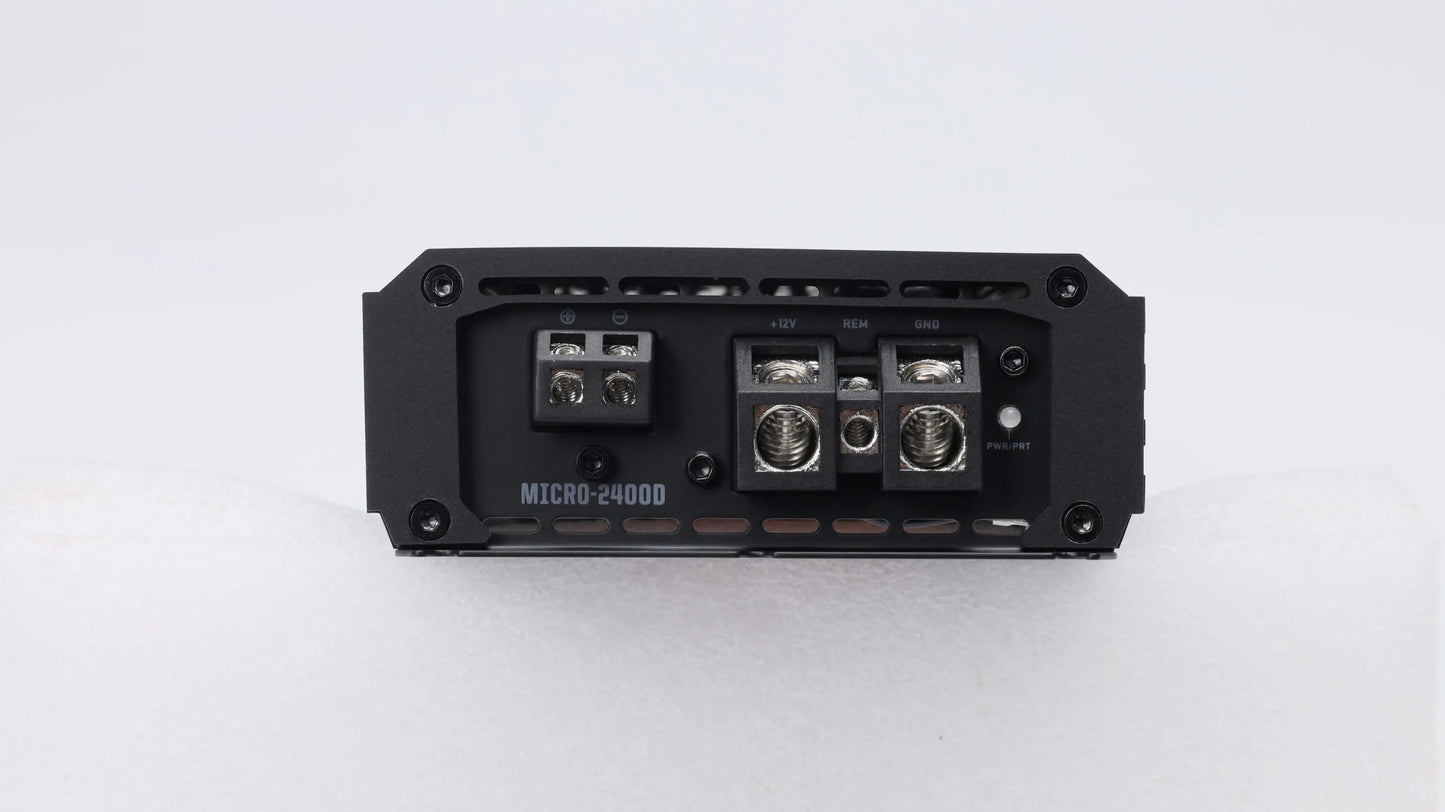 Nemesis Audio MICRO-2400D compact subwoofer amp connection side