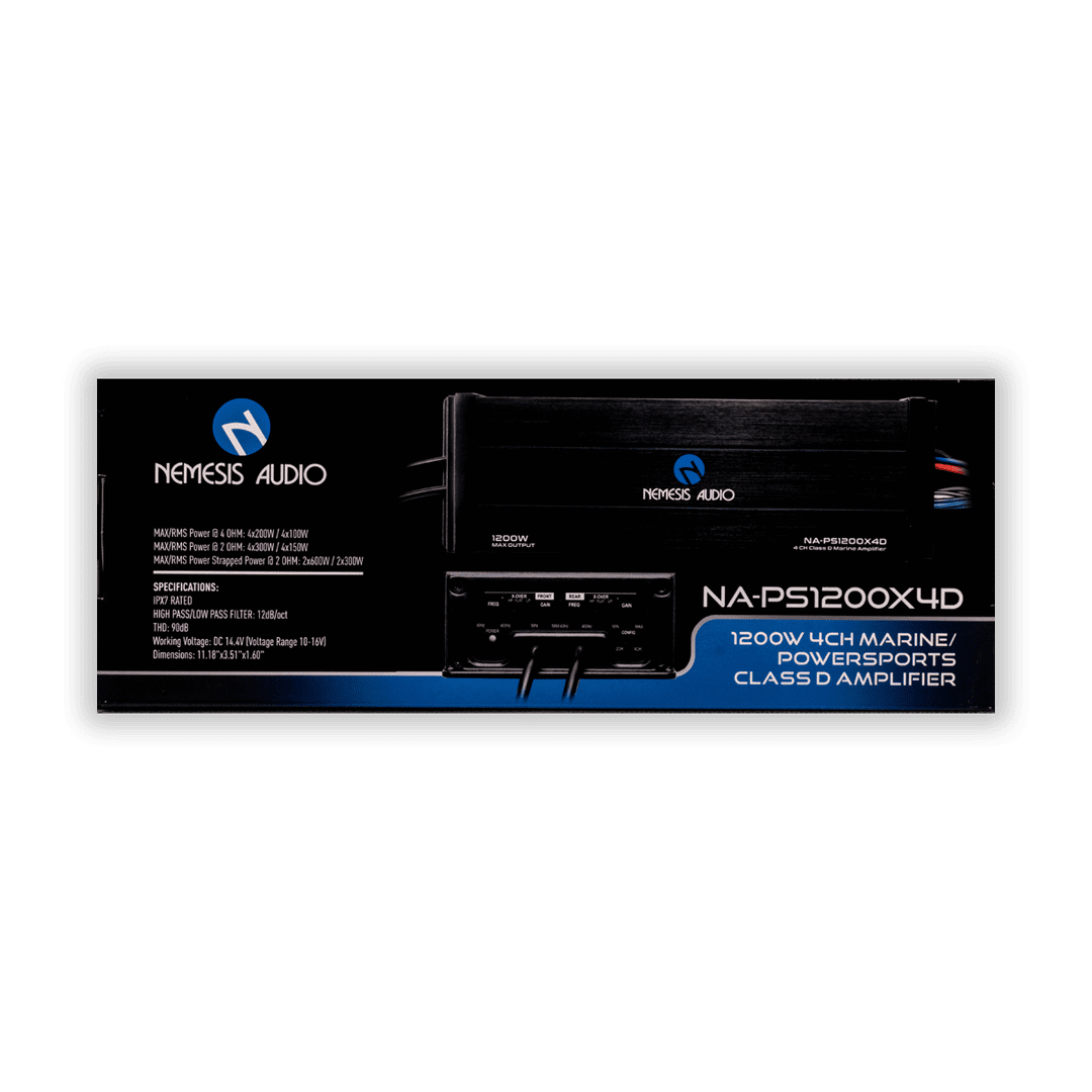 Nemesis Audio NA-PS1200X4D marine powersports amplifier retail box back