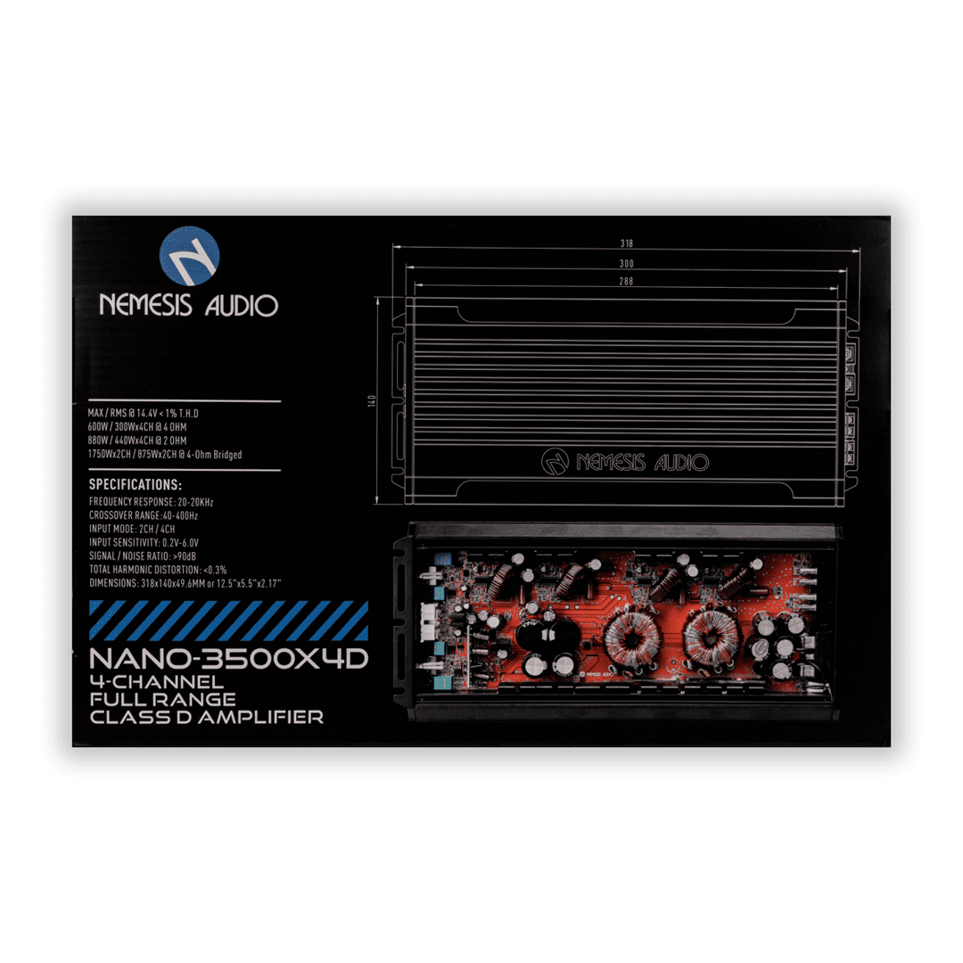 Nemesis Audio NANO-3500X4D amplifier box back with specs