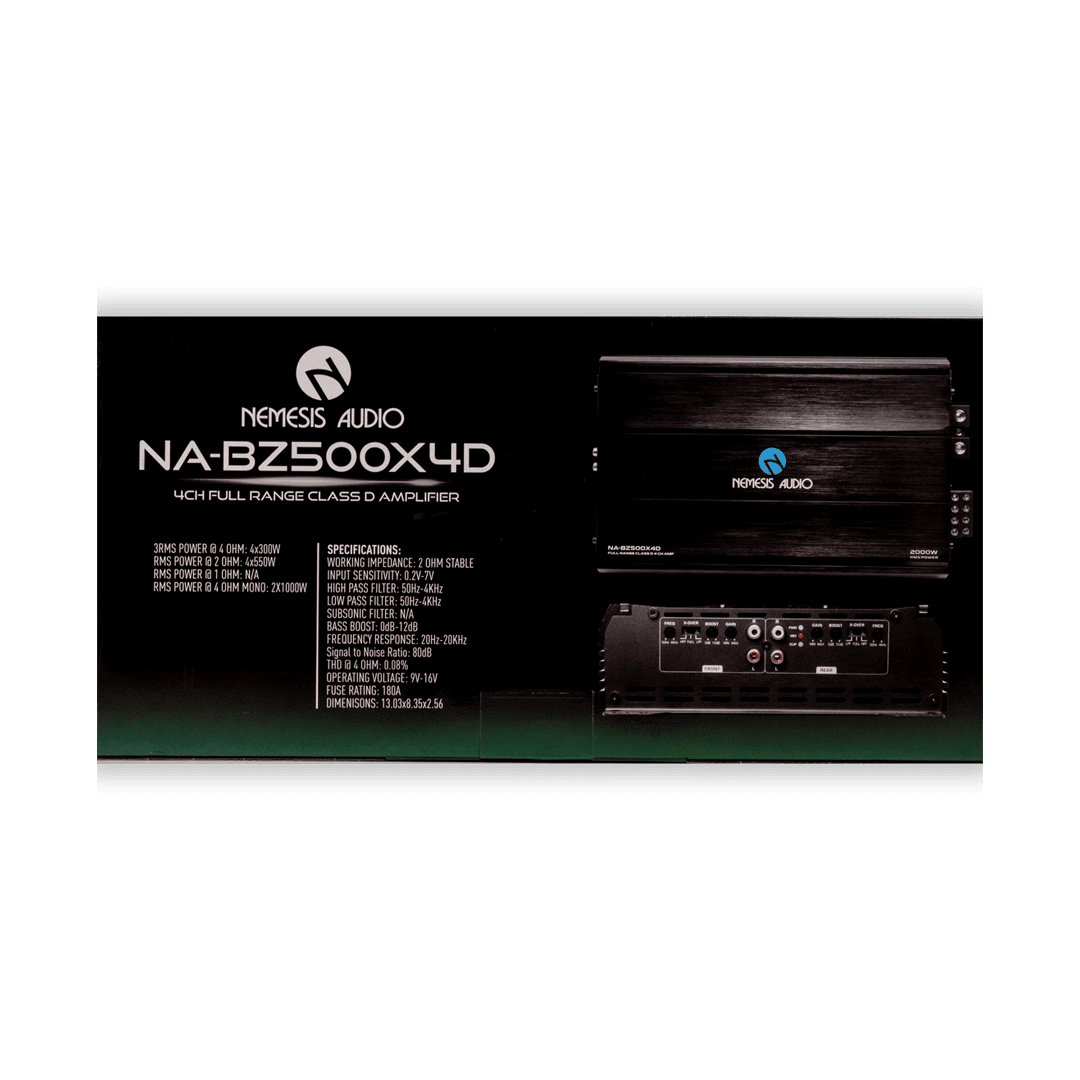 Nemesis Audio NA-BZ500X4D amplifier box back with specs