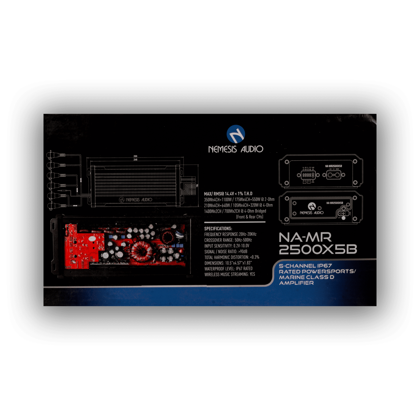 Nemesis Audio NA-MR2500X5B 5-channel amplifier retail box rear specs