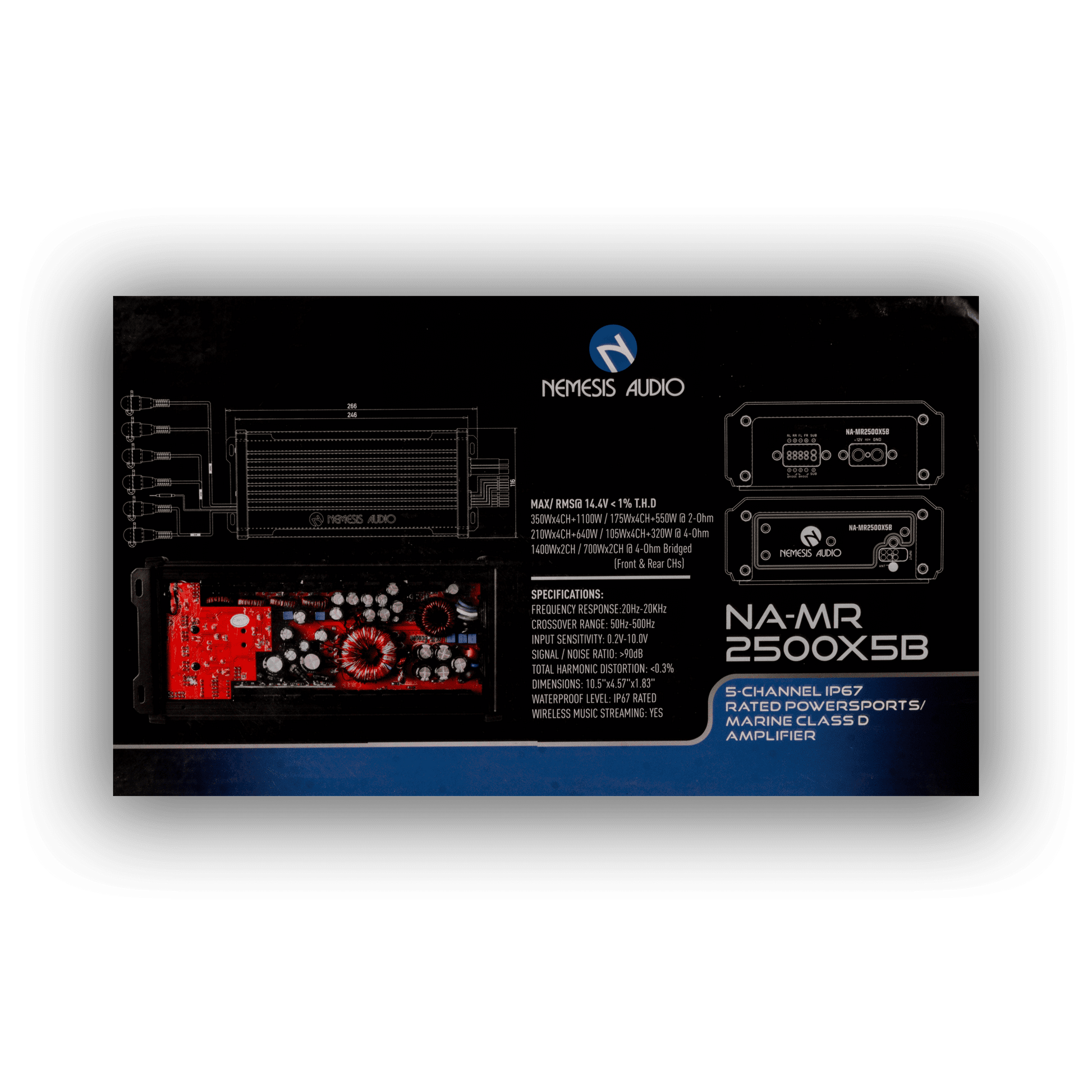 Nemesis Audio NA-MR2500X5B 5-channel amplifier retail box rear specs