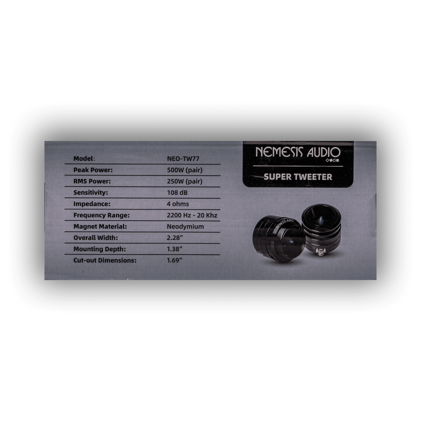 Nemesis Audio NEO-TW77 250W RMS tweeter pair retail box side