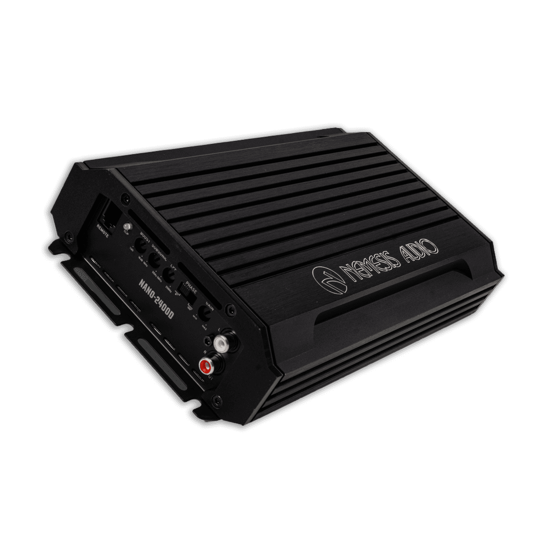 Nemesis Audio NANO-2400D 1-ohm subwoofer amplifier left side view