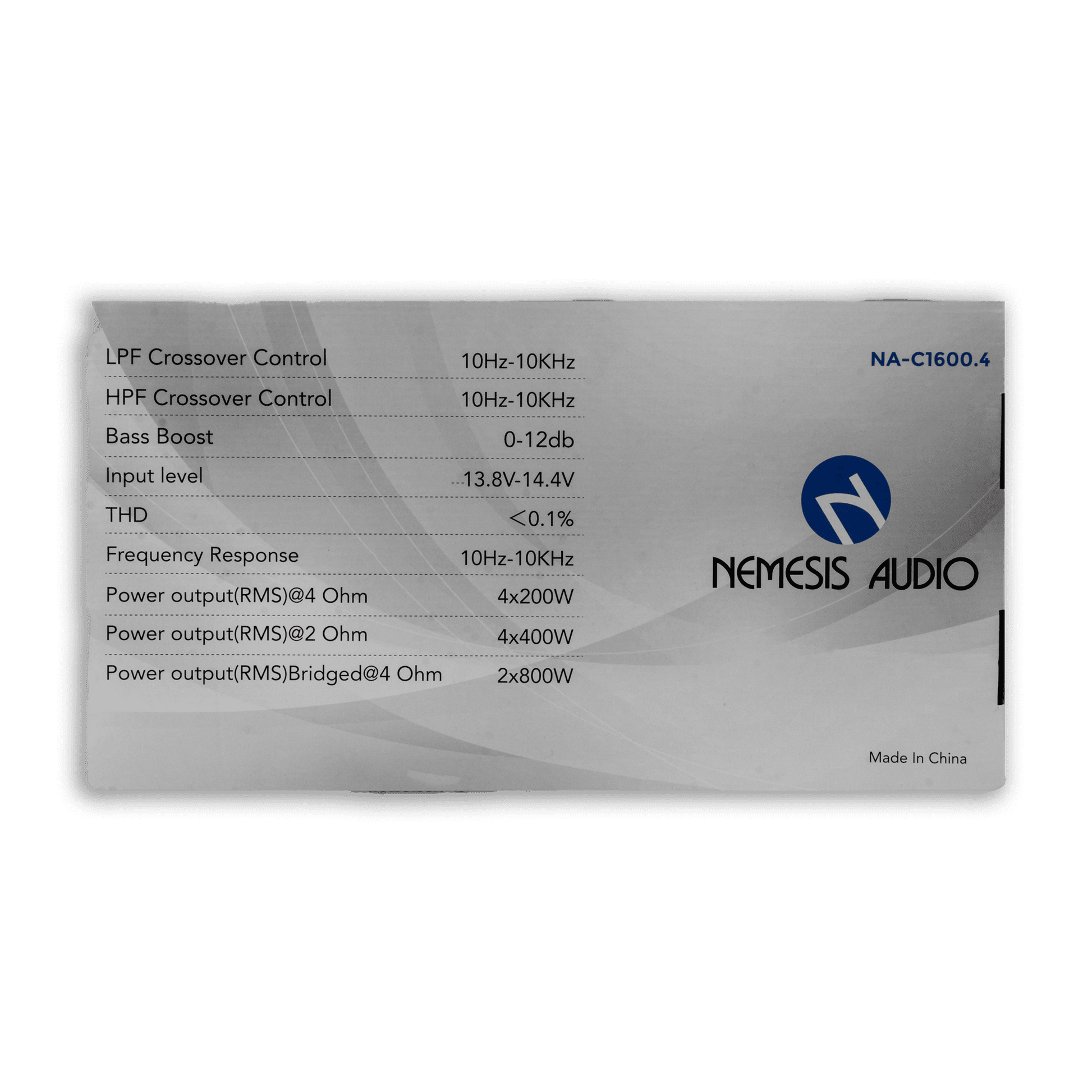 Nemesis Audio NA-C1600.4 amplifier box back with specs