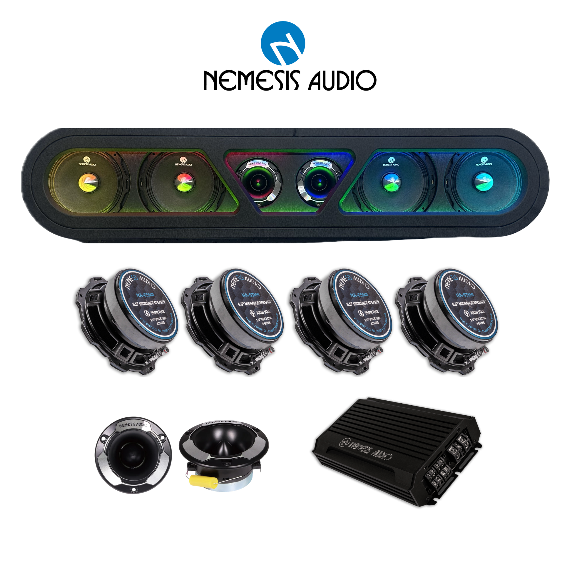 Nemesis Audio powered LED headliner voice package with speakers tweeters and amplifier